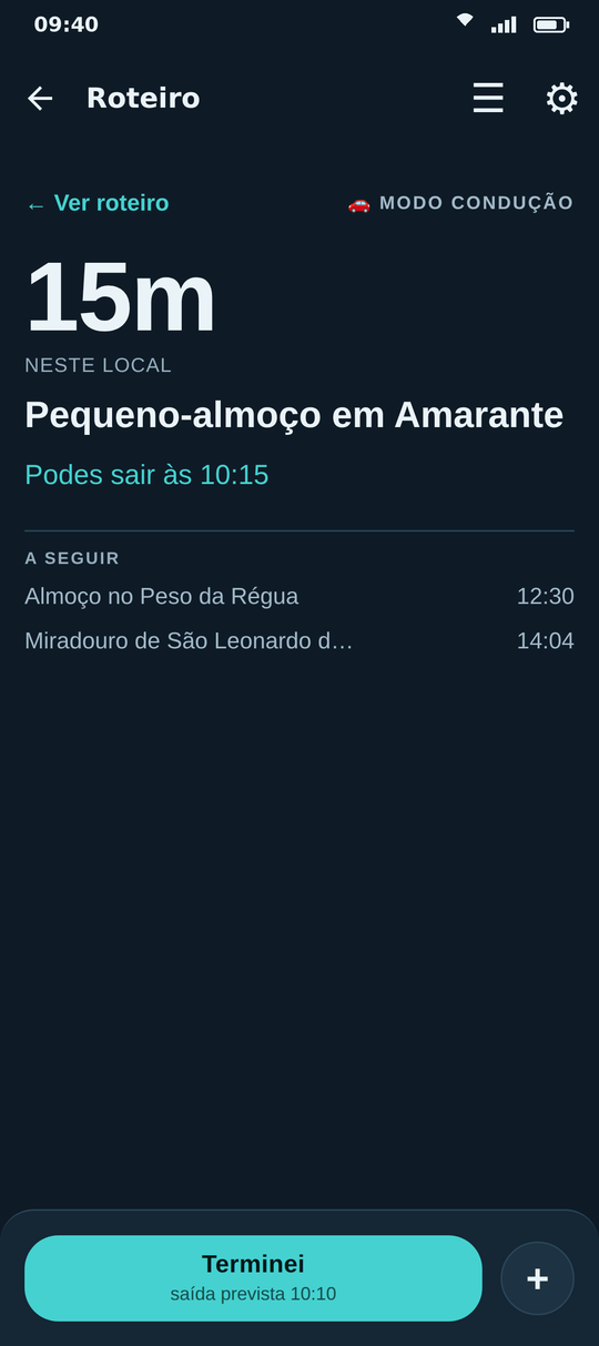 Modo condução: 15 minutos no local, pode sair às 10:15, a seguir almoço no Peso da Régua.