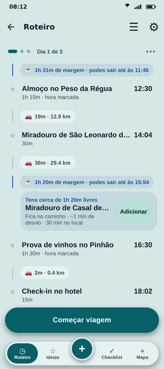 Sugestão: tens cerca de 1h20 livres e um miradouro fica no caminho.